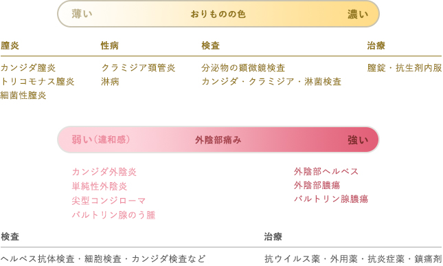 「おりものの色」と「外陰部の痛み」で推測できることについての図解